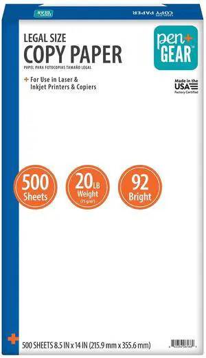 Pen+Gear Legal Size Copy Paper, 8.5" x 14", 92 Bright White, 20 lb., 1 Ream (500 Sheets), Multipurpose Printer Paper for Home, Office & School Pen+Gear Legal Size Copy Paper, 8.5" x 14", 92 Bright White, 20 lb., 1 Ream (500 Sheets), Multipurpose Printer Paper for Home, Office & School