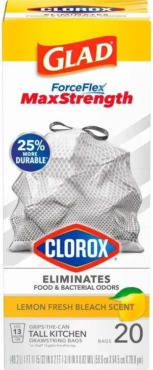 Glad ForceFlex MaxStrength 13Gallon Tall Kitchen Drawstring Trash Bags, Lemon Fresh Bleach Scent with Clorox, 20Count Garbage Bags Glad ForceFlex MaxStrength 13Gallon Tall Kitchen Drawstring Trash Bags, Lemon Fresh Bleach Scent with Clorox, 20Count Garbage Bags