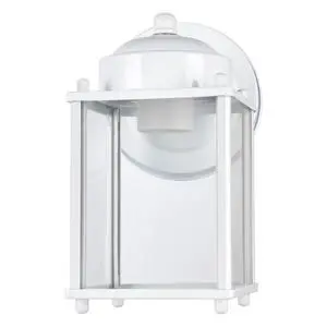 Mainstays 8" Classic White Outdoor Wall Light, Metal Fixture Clear Glass Lens, Bulb Not Included Mainstays 8" Classic White Outdoor Wall Light, Metal Fixture Clear Glass Lens, Bulb Not Included