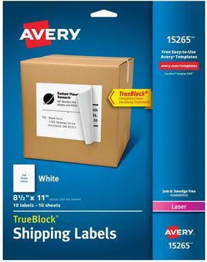 Avery Shipping Labels, 8-1/2" x 11", Paper, White, TrueBlock®, Laser/Inkjet, 10 Labels (15265) Avery Shipping Labels, 8-1/2" x 11", Paper, White, TrueBlock®, Laser/Inkjet, 10 Labels (15265)