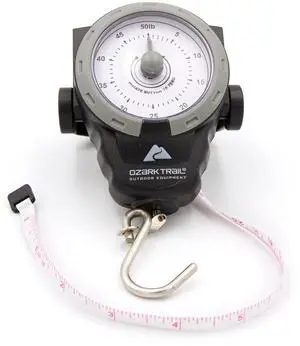Ozark Trail 50 lb Portable Analog Dial Fish Scale with Tape Measure Ozark Trail 50 lb Portable Analog Dial Fish Scale with Tape Measure