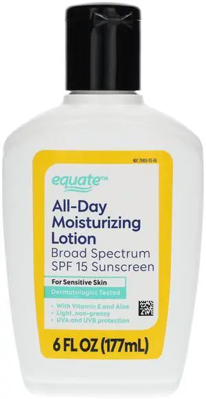 Equate AllDay Moisturizing Lotion for Sensitive Skin, BroadSpectrum SPF 15 Sunscreen Face & Body Moisturizer, 6 fl oz Equate AllDay Moisturizing Lotion for Sensitive Skin, BroadSpectrum SPF 15 Sunscreen Face & Body Moisturizer, 6 fl oz