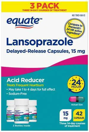 Equate Lansoprazole DelayedRelease Capsules 15 mg, Acid Reducer, Compare to Prevacid 24 HR Active Ingredient, 42Count Per Bottle, 3Pack Equate Lansoprazole DelayedRelease Capsules 15 mg, Acid Reducer, Compare to Prevacid 24 HR Active Ingredient, 42Count Per Bottle, 3Pack