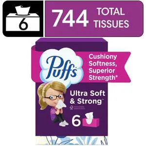 Puffs Ultra Soft Facial Tissues, 6 Family Size Boxes, 124 Sheets Each, Gentle Soft Tissues for Home DailyUse Puffs Ultra Soft Facial Tissues, 6 Family Size Boxes, 124 Sheets Each, Gentle Soft Tissues for Home DailyUse
