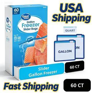 Great Value Gallon Size Freezer Slider Zipper Bags, SelfStanding Expandable Bottom, Quick Slide Closure for Food Storage & Freezer Organization, 60 Count Great Value Gallon Size Freezer Slider Zipper Bags, SelfStanding Expandable Bottom, Quick Slide Closure for Food Storage & Freezer Organization, 60 Count
