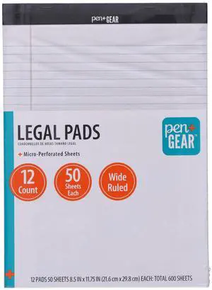 Pen+Gear Legal Pads, Wide Ruled, 8.5" x 11", White, 50 Sheets, 12 Pack Pen+Gear Legal Pads, Wide Ruled, 8.5" x 11", White, 50 Sheets, 12 Pack