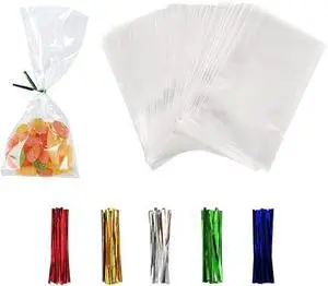 XLSFPY 100Pcs Clear OPP Cellophane Treat Bags 3x4 Inch, Small Transparent Candy Favor Bags with 100 Colorful Metallic Twist Ties, FoodSafe Plastic Bags for Cake Pop, Lollipop, Cookie, Birthday, Weddi XLSFPY 100Pcs Clear OPP Cellophane Treat Bags 3x4 Inch, Small Transparent Candy Favor Bags with 100 Colorful Metallic Twist Ties, FoodSafe Plastic Bags for Cake Pop, Lollipop, Cookie, Birthday, Weddi