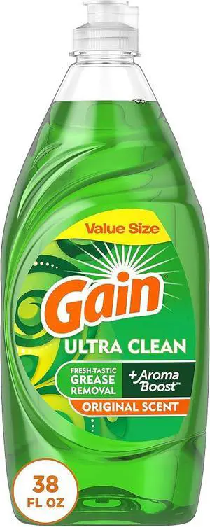 38 fl oz Gain Ultra Dishwashing Liquid, Original Scent Powerful Grease Removal Dish Soap, Concentrated Household Kitchen Cleaning Soap 38 fl oz Gain Ultra Dishwashing Liquid, Original Scent Powerful Grease Removal Dish Soap, Concentrated Household Kitchen Cleaning Soap