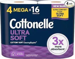 Cottonelle Ultra Soft Toilet Paper, 4 Mega Rolls = 16 Regular Rolls, Fragrance-Free Septic Safe Tissue Cottonelle Ultra Soft Toilet Paper, 4 Mega Rolls = 16 Regular Rolls, Fragrance-Free Septic Safe Tissue