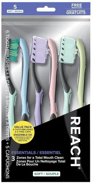 Reach Essentials Soft Toothbrushes with Toothbrush Caps, 6Count Reach Essentials Soft Toothbrushes with Toothbrush Caps, 6Count