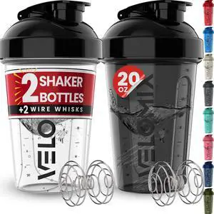 VELOMIX 2 Pack 20oz Protein Shaker Bottle, Black/Transparent VELOMIX 2 Pack 20oz Protein Shaker Bottle, Black/Transparent