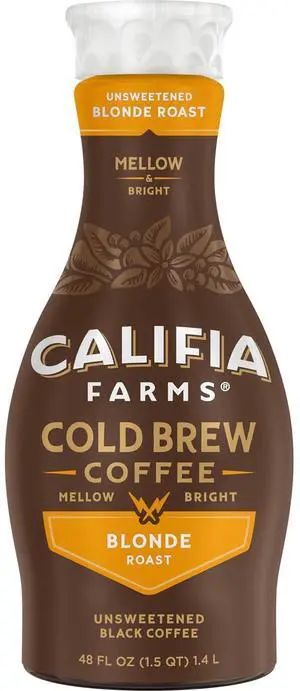 Califia Farms Pure Black Blonde Roast Cold Brew Coffee 48Oz 100% Arabica Plant Based Vegan Gluten Free Non GMO Sugar Free Iced Coffee Califia Farms Pure Black Blonde Roast Cold Brew Coffee 48Oz 100% Arabica Plant Based Vegan Gluten Free Non GMO Sugar Free Iced Coffee
