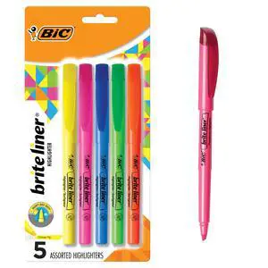 BIC Brite Liner Highlighters Chisel Tip, 5-Count Pack, Assorted Colors BIC Brite Liner Highlighters Chisel Tip, 5-Count Pack, Assorted Colors