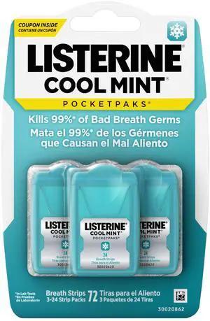 Listerine PocketPaks Breath Strips, Cool Mint, 24-Strip Pack, 3 Pack Listerine PocketPaks Breath Strips, Cool Mint, 24-Strip Pack, 3 Pack