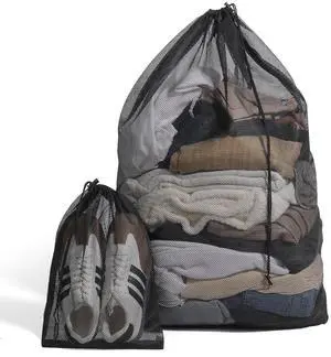 2 Pack Mesh Laundry Bags, Large & Small Heavy Duty with Drawstring, Black for Travel, College, Dorms, Sports, Family 2 Pack Mesh Laundry Bags, Large & Small Heavy Duty with Drawstring, Black for Travel, College, Dorms, Sports, Family