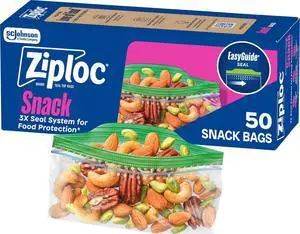 Ziploc Snack Bags, Small Plastic Food Storage Bags, Easy Open and Close, 50 Bags Ziploc Snack Bags, Small Plastic Food Storage Bags, Easy Open and Close, 50 Bags