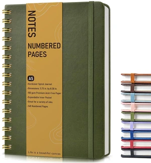 A5 Hardcover Spiral Notebook, 150 Numbered Pages, 100 GSM College Ruled, 5.75" x 8.38", Olive Green A5 Hardcover Spiral Notebook, 150 Numbered Pages, 100 GSM College Ruled, 5.75" x 8.38", Olive Green
