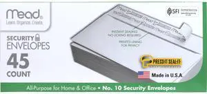 Mead 75026 #10 Security Business Envelopes, Letter Size 4-1/8" x 9-1/2", Peel and Seal, Privacy Lined, No-Window, Press-It Seal-It Self-Adhesive, 45 Count Mead 75026 #10 Security Business Envelopes, Letter Size 4-1/8" x 9-1/2", Peel and Seal, Privacy Lined, No-Window, Press-It Seal-It Self-Adhesive, 45 Count