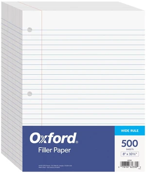 Oxford Filler Paper 62330, 8 x 10-1/2 Inch Wide Ruled, 3 Hole Punch, Loose Leaf, 500 Sheets, White Oxford Filler Paper 62330, 8 x 10-1/2 Inch Wide Ruled, 3 Hole Punch, Loose Leaf, 500 Sheets, White