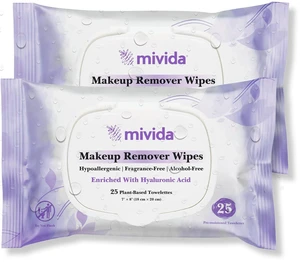 Mivida Hypoallergenic Makeup Remover Wipes with Hyaluronic Acid, Dermatologist Tested, Alcohol Free, Fragrance Free, for Sensitive Skin, Travel Friendly, 2 x 25 Count Mivida Hypoallergenic Makeup Remover Wipes with Hyaluronic Acid, Dermatologist Tested, Alcohol Free, Fragrance Free, for Sensitive Skin, Travel Friendly, 2 x 25 Count