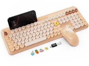 Wireless Keyboard and Mouse Combo with Retro Round Keycaps, Full-Size Cute Typewriter Keyboard with Large Phone/Tablet Holder, 2.4GHz Cordless for Mac, Windows PC, Laptop, CK13, Milk Tea Beige Wireless Keyboard and Mouse Combo with Retro Round Keycaps, Full-Size Cute Typewriter Keyboard with Large Phone/Tablet Holder, 2.4GHz Cordless for Mac, Windows PC, Laptop, CK13, Milk Tea Beige
