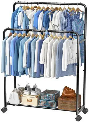 Clothing Clothes Rack Double Rods with Wheels, Rolling Metal Garment Rack for Hanging, Black Clothing Clothes Rack Double Rods with Wheels, Rolling Metal Garment Rack for Hanging, Black