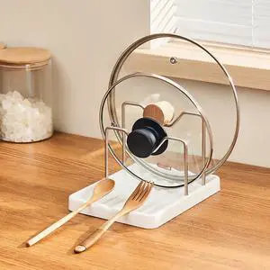 Pot lid Holder And Spoon Rest, 2 Layers Lid And Spoon Rest Pot Lid Organizer With Drip Tray, Multifunction Kitchen Gadget Rack For Cooking (White) Pot lid Holder And Spoon Rest, 2 Layers Lid And Spoon Rest Pot Lid Organizer With Drip Tray, Multifunction Kitchen Gadget Rack For Cooking (White)