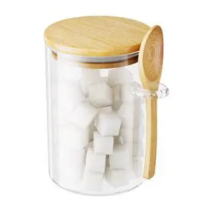 Sugar Jar Glass Salt Container,15 Ounces Clear Airtight Caning with Bamboo Lid and Spoon Scoop, Storage Overnight Oats, Salts, Coffee Bean, Spice, Creamer, Food Organizer, Pack of 1 Sugar Jar Glass Salt Container,15 Ounces Clear Airtight Caning with Bamboo Lid and Spoon Scoop, Storage Overnight Oats, Salts, Coffee Bean, Spice, Creamer, Food Organizer, Pack of 1