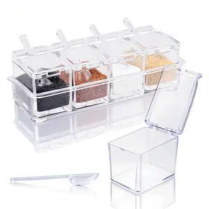 Clear Acrylic Seasoning Box, 4 Pieces Seasoning Rack Spice Pots, Condiment Storage Containers with Lids and Spoons, Toppings Containers for Salt Spice, Pepper, Sugar, Cardamon, Cinnamon Clear Acrylic Seasoning Box, 4 Pieces Seasoning Rack Spice Pots, Condiment Storage Containers with Lids and Spoons, Toppings Containers for Salt Spice, Pepper, Sugar, Cardamon, Cinnamon
