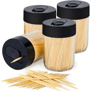 Sturdy Safe Toothpick Holder with 1600 Natural Wood Toothpicks for Teeth Cleaning, Unique Home Design Decoration, Unusual Gift, 4 Pack (Black) Sturdy Safe Toothpick Holder with 1600 Natural Wood Toothpicks for Teeth Cleaning, Unique Home Design Decoration, Unusual Gift, 4 Pack (Black)