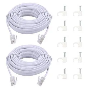 15-Ft Telephone landline Extension Cord Cable Cord with Standard RJ-11 6P4C Plug (White, 2Pack) 15-Ft Telephone landline Extension Cord Cable Cord with Standard RJ-11 6P4C Plug (White, 2Pack)
