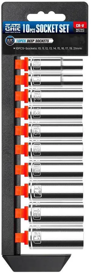 10PCS 3/8 Drive Deep Socket Set, Metric(10mm-21mm), 6-Point, Cr-V Steel, Chrome Plated Socket With Hanging Bracket, Cover Most Commonly Sizes 10PCS 3/8 Drive Deep Socket Set, Metric(10mm-21mm), 6-Point, Cr-V Steel, Chrome Plated Socket With Hanging Bracket, Cover Most Commonly Sizes