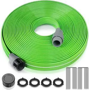 Heavy Duty Sprinkler Soaker Hose 50 FT, Flat Garden Hose with Holes, Efficient Flexible Irrigation Hose for Yard, Lawn and Garden, Includes Stakes Heavy Duty Sprinkler Soaker Hose 50 FT, Flat Garden Hose with Holes, Efficient Flexible Irrigation Hose for Yard, Lawn and Garden, Includes Stakes
