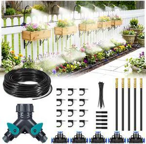 33FT Garden Watering System with 5 360° Adjustable Copper Mist Nozzles, Quick-Connect Drip Irrigation Kit for Patio Pots, Small Greenhouses and Flower Beds 33FT Garden Watering System with 5 360° Adjustable Copper Mist Nozzles, Quick-Connect Drip Irrigation Kit for Patio Pots, Small Greenhouses and Flower Beds