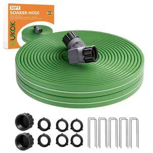 50 FT Water Saving Flat Soaker Hose with 20 Stakes for Garden Lawn - Durable Irrigation Tubing with Multi Directional Sprinkler Spray Up to 8 FT Range 50 FT Water Saving Flat Soaker Hose with 20 Stakes for Garden Lawn - Durable Irrigation Tubing with Multi Directional Sprinkler Spray Up to 8 FT Range