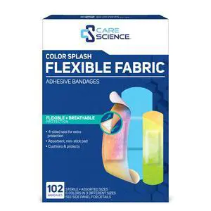 Color Splash Fabric Adhesive Bandages 102ct Assorted Sizes | Flexible + Breathable Protection for First Aid and Wound Care Color Splash Fabric Adhesive Bandages 102ct Assorted Sizes | Flexible + Breathable Protection for First Aid and Wound Care
