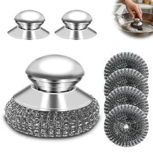 2 Pack Stainless Steel Scrubber with Handle, Includes 2 Replacement Steel Wool Pads, Heavy-Duty Scouring Brush for Pots, Pans, Stovetops and Kitchen Cleaning 2 Pack Stainless Steel Scrubber with Handle, Includes 2 Replacement Steel Wool Pads, Heavy-Duty Scouring Brush for Pots, Pans, Stovetops and Kitchen Cleaning