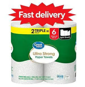 Great Value Ultra Strong Disposable Paper Towels, 2 Triple Rolls, 330 Total Sheets, HeavyDuty Absorbent Cleaning Paper for Home & Kitchen Great Value Ultra Strong Disposable Paper Towels, 2 Triple Rolls, 330 Total Sheets, HeavyDuty Absorbent Cleaning Paper for Home & Kitchen