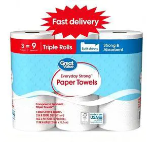 Great Value Everyday Strong Disposable Paper Towels, 3 Triple Rolls, HeavyDuty Absorbent Cleaning Paper for Kitchen & Home Use Great Value Everyday Strong Disposable Paper Towels, 3 Triple Rolls, HeavyDuty Absorbent Cleaning Paper for Kitchen & Home Use