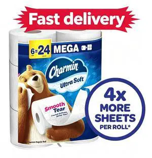 Charmin Ultra Soft Bathroom Toilet Paper, 6 Mega Rolls, 224 Sheets per Roll, Gentle Absorbent Disposable Tissue for Home Daily Bathroom Use Charmin Ultra Soft Bathroom Toilet Paper, 6 Mega Rolls, 224 Sheets per Roll, Gentle Absorbent Disposable Tissue for Home Daily Bathroom Use