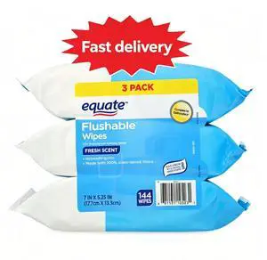 Equate Fresh Scent Flushable Wet Wipes, 3 Pack, 144 Total Wipes, Disposable Biodegradable Bathroom Cleansing Wipes for Daily Use Equate Fresh Scent Flushable Wet Wipes, 3 Pack, 144 Total Wipes, Disposable Biodegradable Bathroom Cleansing Wipes for Daily Use