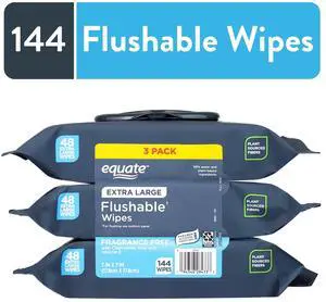 Equate Extra Large Flushable Wet Wipes, Fragrance Free, 144 Wipes, 3 Pack Equate Extra Large Flushable Wet Wipes, Fragrance Free, 144 Wipes, 3 Pack