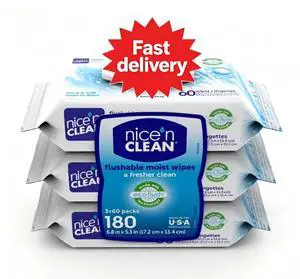 Nice N Clean Plant-Based Flushable Wet Wipes, 3 Flip-Top Packs (180 Total Wipes) Nice N Clean Plant-Based Flushable Wet Wipes, 3 Flip-Top Packs (180 Total Wipes)