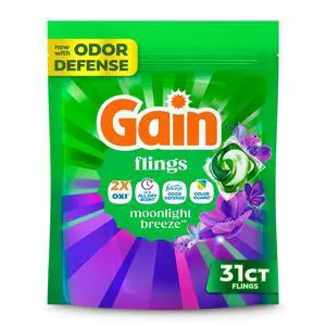 Gain Flings Laundry Detergent Soap Pacs, 4-in-1 Oxi Boost and Febreze, Moonlight Breeze Scent, 31 Count Gain Flings Laundry Detergent Soap Pacs, 4-in-1 Oxi Boost and Febreze, Moonlight Breeze Scent, 31 Count