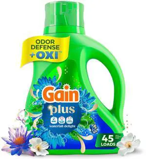 Gain Plus Laundry Detergent Liquid, Now with Odor Defense + OXI, Waterfall Delight Scent, 60 fl oz, 45 Loads Gain Plus Laundry Detergent Liquid, Now with Odor Defense + OXI, Waterfall Delight Scent, 60 fl oz, 45 Loads