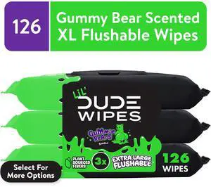LiL' DUDE Flushable Wipes, Extra Large Gummie Rears Wet Wipes, Gummy Bear Scent, 42 Count, 3 Pack LiL' DUDE Flushable Wipes, Extra Large Gummie Rears Wet Wipes, Gummy Bear Scent, 42 Count, 3 Pack