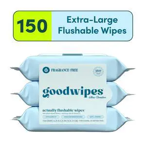 goodwipes Flushable Butt Wipes, Fragrance-Free, 3 Pack, 150 Total XL Wipes goodwipes Flushable Butt Wipes, Fragrance-Free, 3 Pack, 150 Total XL Wipes