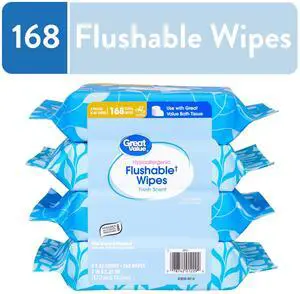 Great Value Flushable Wet Wipes, Fresh Scent, 4 Packs of 42 Wipes, 168 Total Wipes Great Value Flushable Wet Wipes, Fresh Scent, 4 Packs of 42 Wipes, 168 Total Wipes