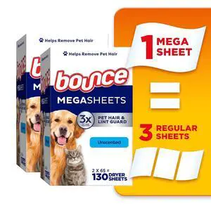 Bounce Dryer Sheets, Pet Hair and Lint Guard, Unscented, 130 Mega Dryer Sheets Bounce Dryer Sheets, Pet Hair and Lint Guard, Unscented, 130 Mega Dryer Sheets