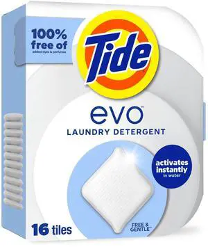 Tide Evo Free & Gentle Laundry Detergent Tiles, Works on 100% of Common Stains, Unscented, 16 Count Tide Evo Free & Gentle Laundry Detergent Tiles, Works on 100% of Common Stains, Unscented, 16 Count